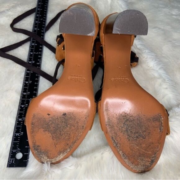Sz 41 Chloe Miles Iconic Whipstitch Strap Lace-up Brown Suede Sandals Pumps - Picture 9 of 9